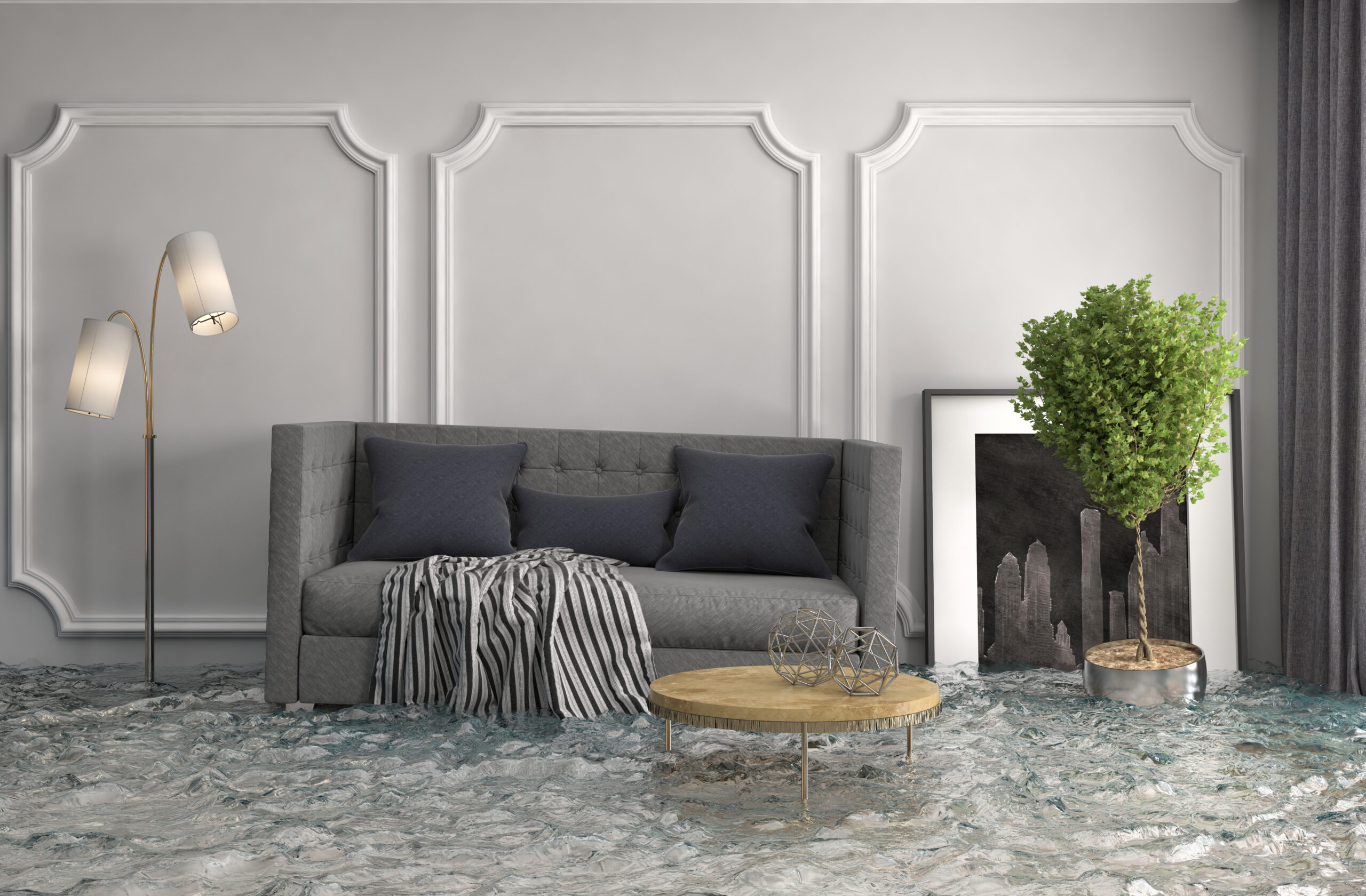 interior of the house flooded with water. 3d illustration