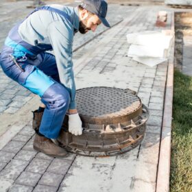 Workman with road hatches